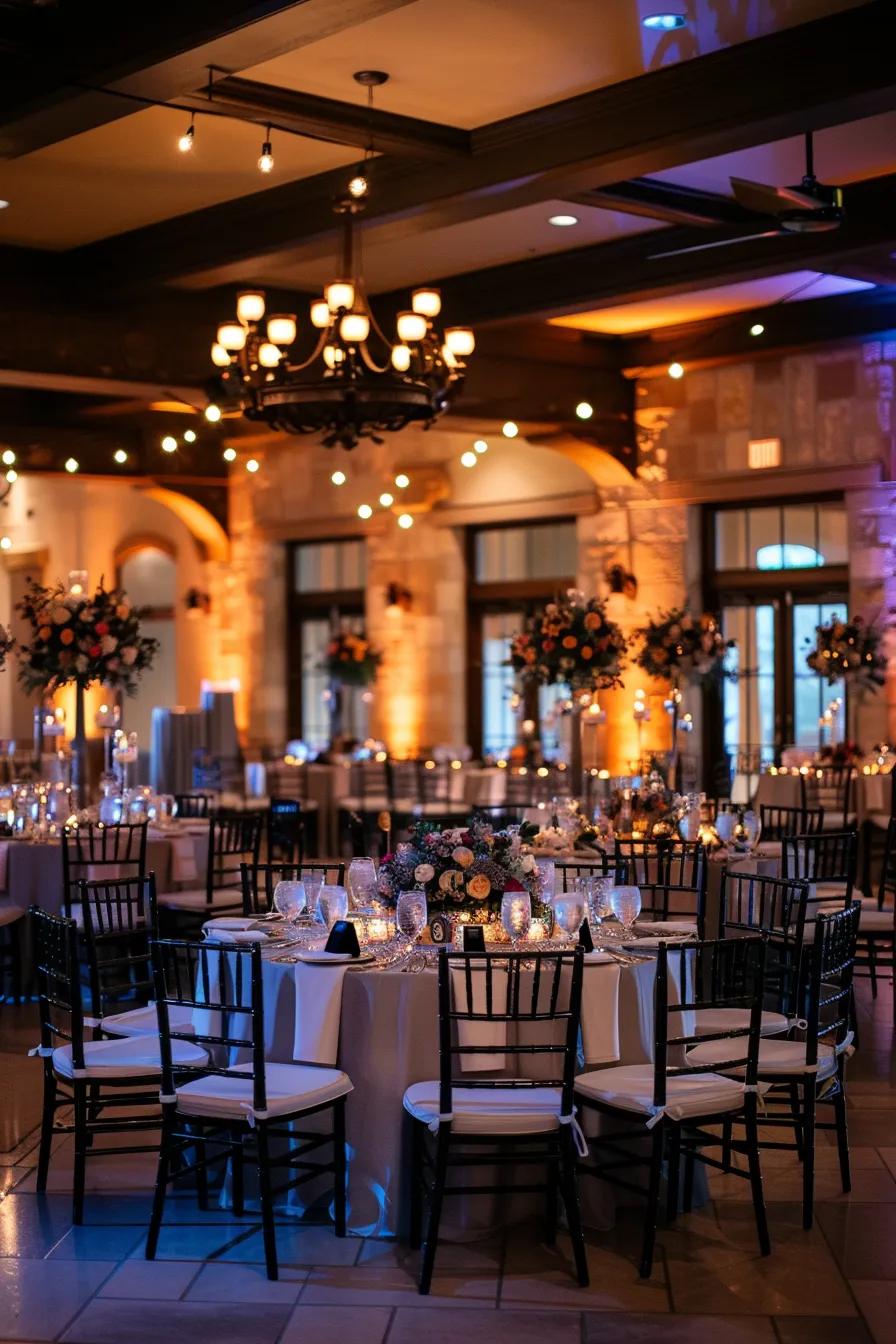 Full wedding DJ setup with professional sound and lighting in a decorated reception space